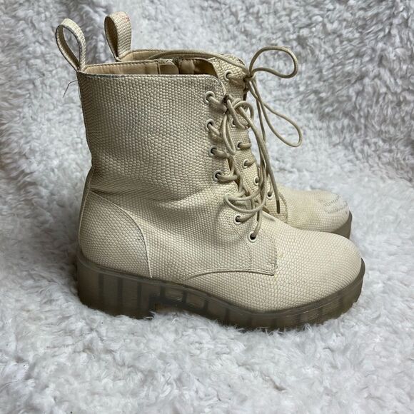 Dirty Laundry Combat Boots Beige texture faux leather clear chunky heels SZ9M - Picture 1 of 10
